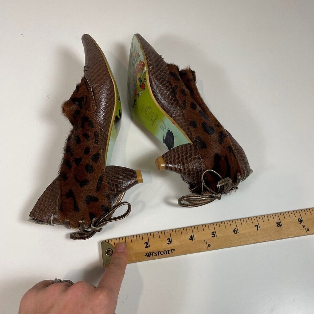 Irregular Choice Tie Up Leopard Print Fur Leather Bootie Brown 36 Pointed Toe - Picture 5 of 9